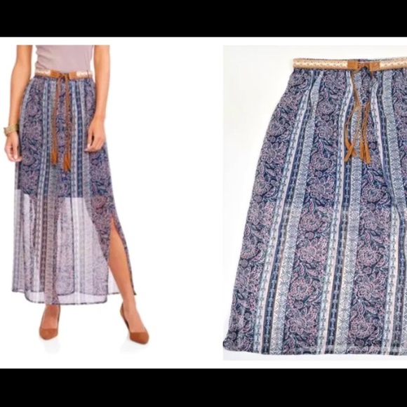 Dresses & Skirts - WOMEN'S Chiffon Boho Flowy Maxi Skirt With Textured Belt